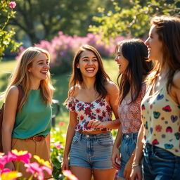 A depiction of a group of young women in a lively and cheerful setting, enjoying a day out in a scenic park