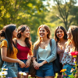 A depiction of a group of young women in a lively and cheerful setting, enjoying a day out in a scenic park