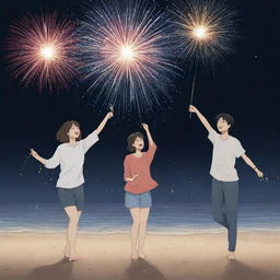 A Manhwa style image of two adult women and two adult men joyfully playing with fireworks on a beach against a dark nighttime backdrop.