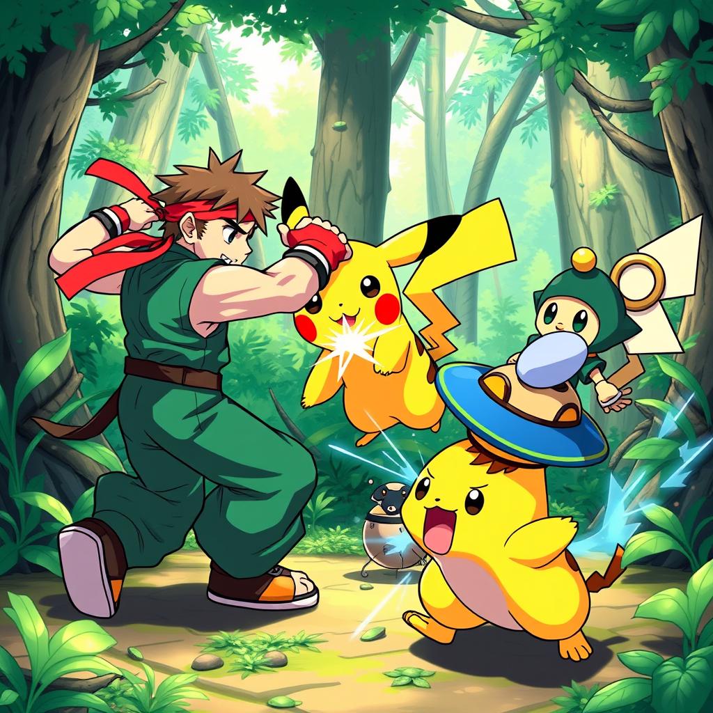 Alex from Street Fighter and Pikachu from Pokémon engaging in a friendly battle with Klonoa from the Klonoa series in a vibrant, lush forest setting