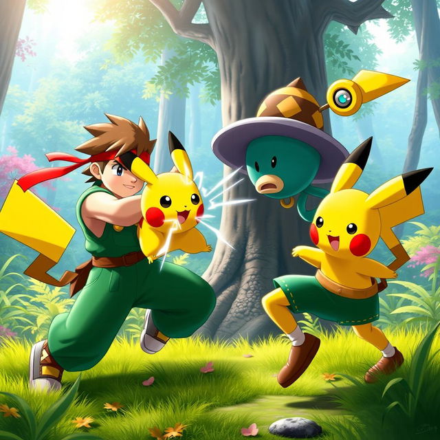 Alex from Street Fighter and Pikachu from Pokémon engaging in a friendly battle with Klonoa from the Klonoa series in a vibrant, lush forest setting