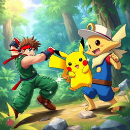 Alex from Street Fighter and Pikachu from Pokémon engaging in a friendly battle with Klonoa from the Klonoa series in a vibrant, lush forest setting