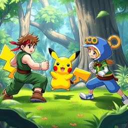 Alex from Street Fighter and Pikachu from Pokémon engaging in a friendly battle with Klonoa from the Klonoa series in a vibrant, lush forest setting