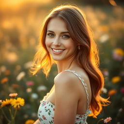 A beautiful, attractive woman in a summer dress, with a captivating smile, standing in a sunlit field of wildflowers