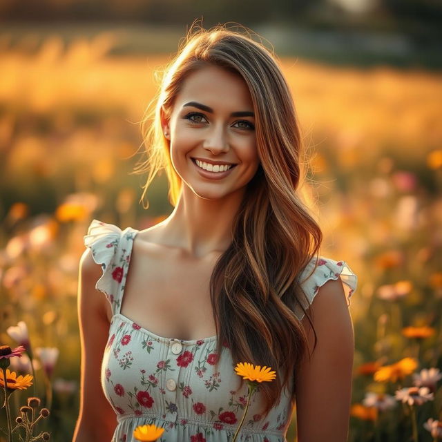 A beautiful, attractive woman in a summer dress, with a captivating smile, standing in a sunlit field of wildflowers