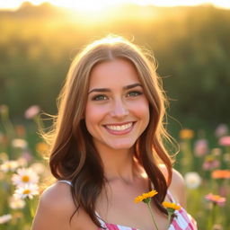 A beautiful, attractive woman in a summer dress, with a captivating smile, standing in a sunlit field of wildflowers