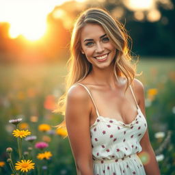 A beautiful, attractive woman in a summer dress, with a captivating smile, standing in a sunlit field of wildflowers