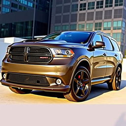 2011 Dodge Durango SRT-8, muscular SUV design, bold front grille, aggressive styling, wide stance, powerful presence, performance-focused details, sleek lines, black alloy wheels, dual exhaust, and sporty red brake calipers in an urban setting