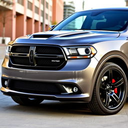 2011 Dodge Durango SRT-8, muscular SUV design, bold front grille, aggressive styling, wide stance, powerful presence, performance-focused details, sleek lines, black alloy wheels, dual exhaust, and sporty red brake calipers in an urban setting