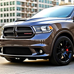 2011 Dodge Durango SRT-8, muscular SUV design, bold front grille, aggressive styling, wide stance, powerful presence, performance-focused details, sleek lines, black alloy wheels, dual exhaust, and sporty red brake calipers in an urban setting