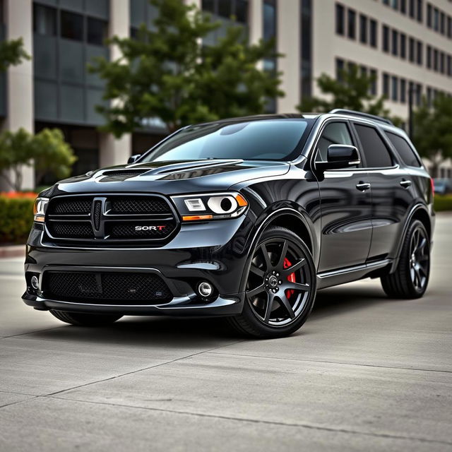 2011 Dodge Durango SRT-8, muscular SUV design, bold front grille, aggressive styling, wide stance, powerful presence, performance-focused details, sleek lines, black alloy wheels, dual exhaust, and sporty red brake calipers in an urban setting