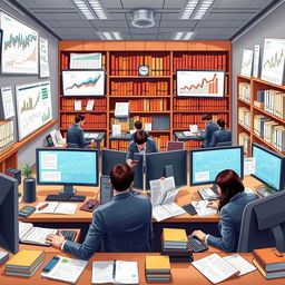 A detailed illustration showcasing the inner workings of accounting and auditing within a corporate environment