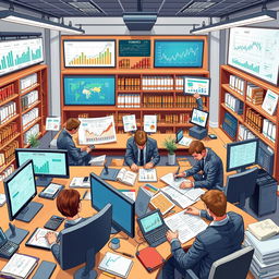 A detailed illustration showcasing the inner workings of accounting and auditing within a corporate environment