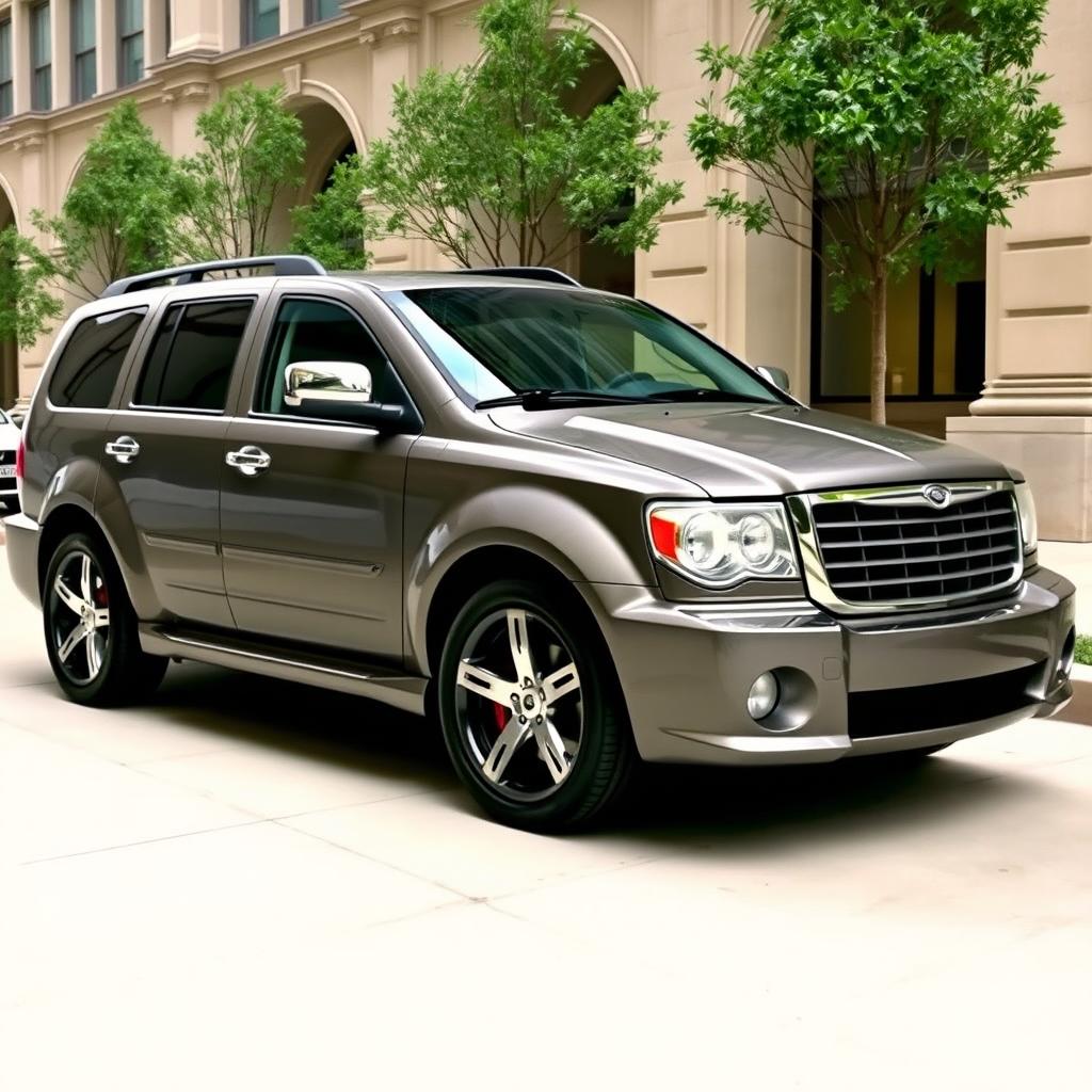 2007 Chrysler Aspen SRT-8, luxurious SUV with sporty features, distinctive front grille, bold styling, sleek body lines, high-performance design elements, chrome details, black alloy wheels, dual exhaust pipes, and a hint of opulence, placed in an elegant urban setting