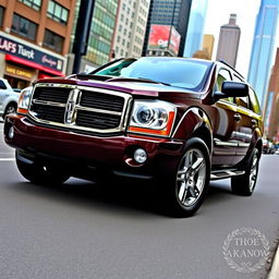 2007 Dodge Durango R/T, robust SUV with a sporty touch, distinctive front grille, muscular body, aerodynamic contours, chrome accents, stylish alloy wheels, dual exhaust pipes, showcasing power and elegance in a vibrant cityscape