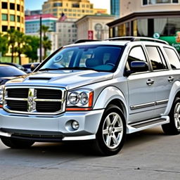 2007 Dodge Durango R/T, robust SUV with a sporty touch, distinctive front grille, muscular body, aerodynamic contours, chrome accents, stylish alloy wheels, dual exhaust pipes, showcasing power and elegance in a vibrant cityscape