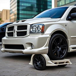 2007 Dodge Durango SRT-8 with custom body kit, enhanced aerodynamic features, aggressive front bumper, side skirts, rear diffuser, sporty grille, chrome accents, large black alloy wheels, dual exhausts, showcasing a powerful and sleek design in a dynamic urban environment