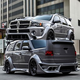 2007 Dodge Durango SRT-8 with custom body kit, enhanced aerodynamic features, aggressive front bumper, side skirts, rear diffuser, sporty grille, chrome accents, large black alloy wheels, dual exhausts, showcasing a powerful and sleek design in a dynamic urban environment