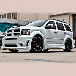 2007 Dodge Durango SRT-8 with custom body kit, enhanced aerodynamic features, aggressive front bumper, side skirts, rear diffuser, sporty grille, chrome accents, large black alloy wheels, dual exhausts, showcasing a powerful and sleek design in a dynamic urban environment