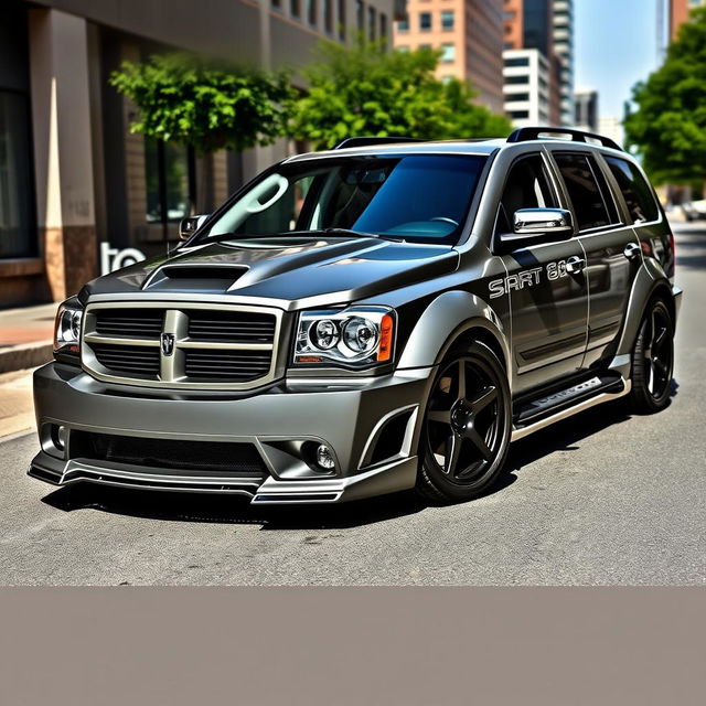 2007 Dodge Durango SRT-8 with custom body kit, enhanced aerodynamic features, aggressive front bumper, side skirts, rear diffuser, sporty grille, chrome accents, large black alloy wheels, dual exhausts, showcasing a powerful and sleek design in a dynamic urban environment