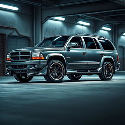 A captivating image of a 1999 Dodge Durango customized with an aftermarket body kit