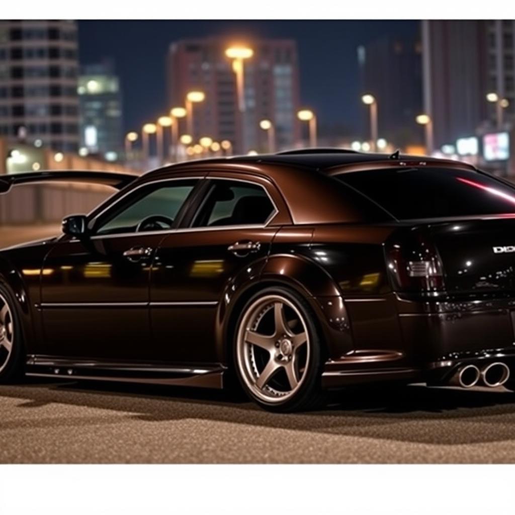 A detailed image of a 2006 Dodge Magnum SRT outfitted with an aftermarket body kit, set against a moody urban nightscape