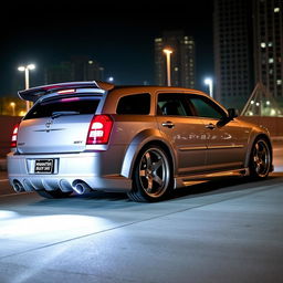 A detailed image of a 2006 Dodge Magnum SRT outfitted with an aftermarket body kit, set against a moody urban nightscape