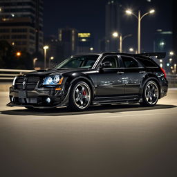 A detailed image of a 2006 Dodge Magnum SRT outfitted with an aftermarket body kit, set against a moody urban nightscape