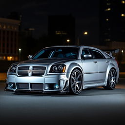 A detailed image of a 2006 Dodge Magnum SRT outfitted with an aftermarket body kit, set against a moody urban nightscape