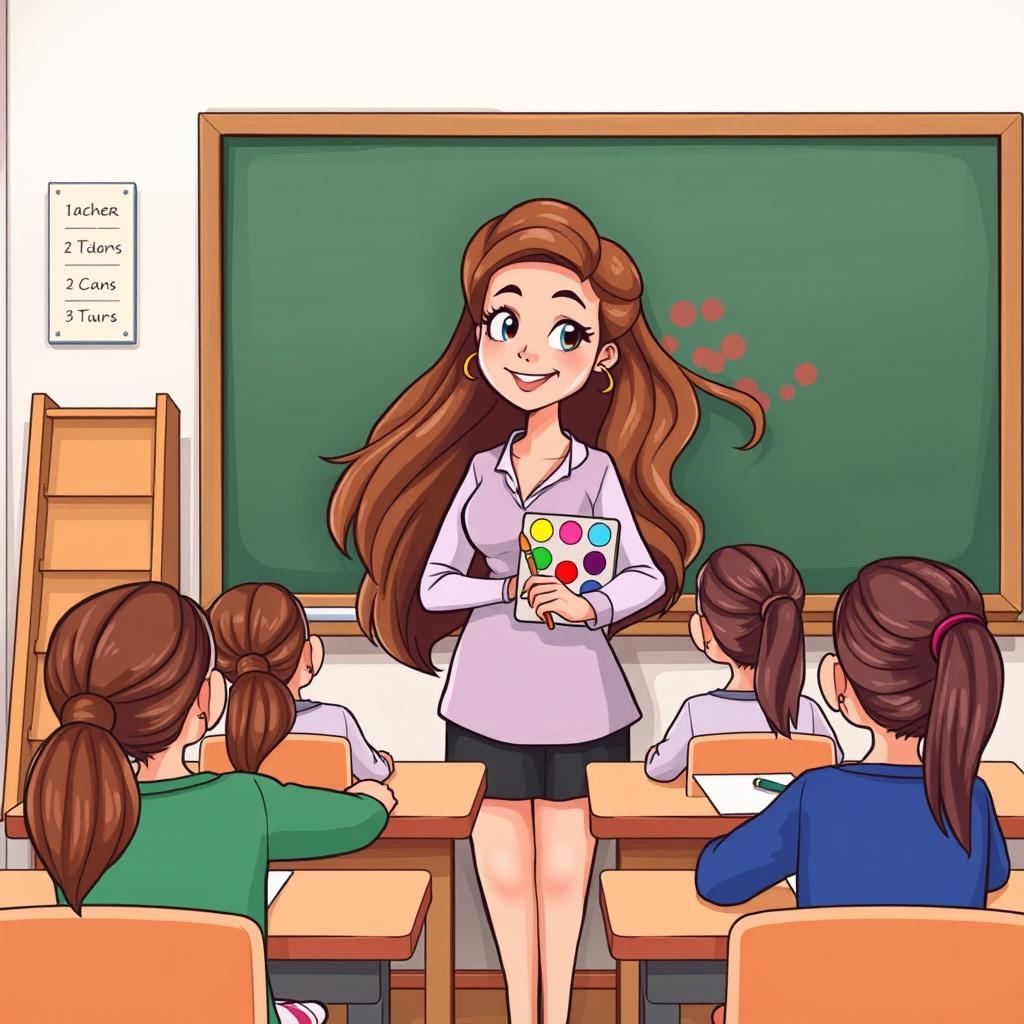 A cartoon-style illustration of a female teacher with very long, silky, and flowing loose hair standing beside a blackboard