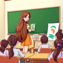 A cartoon-style illustration of a female teacher with very long, silky, and flowing loose hair standing beside a blackboard