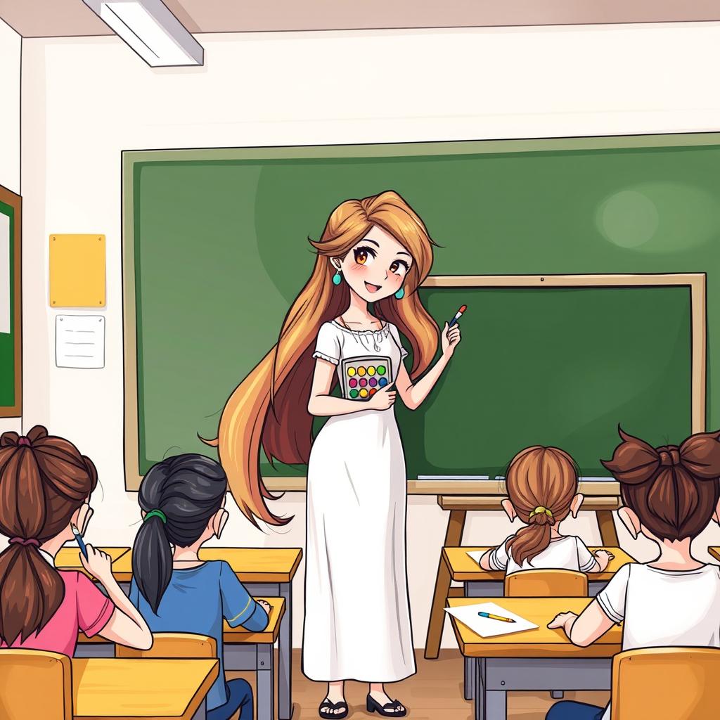 A cartoon-style illustration of a female teacher with very long, silky, and flowing loose hair standing beside a blackboard