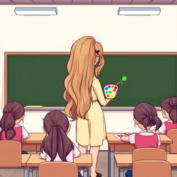 A cartoon-style illustration of a female teacher with very long, silky, and flowing loose hair standing beside a blackboard