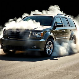 An intense and exhilarating image of a 2007 Chrysler Aspen SRT-8 performing a dramatic burnout on an empty street