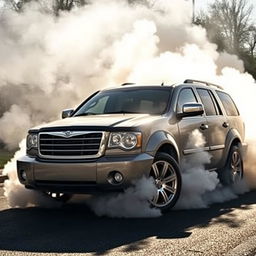 An intense and exhilarating image of a 2007 Chrysler Aspen SRT-8 performing a dramatic burnout on an empty street