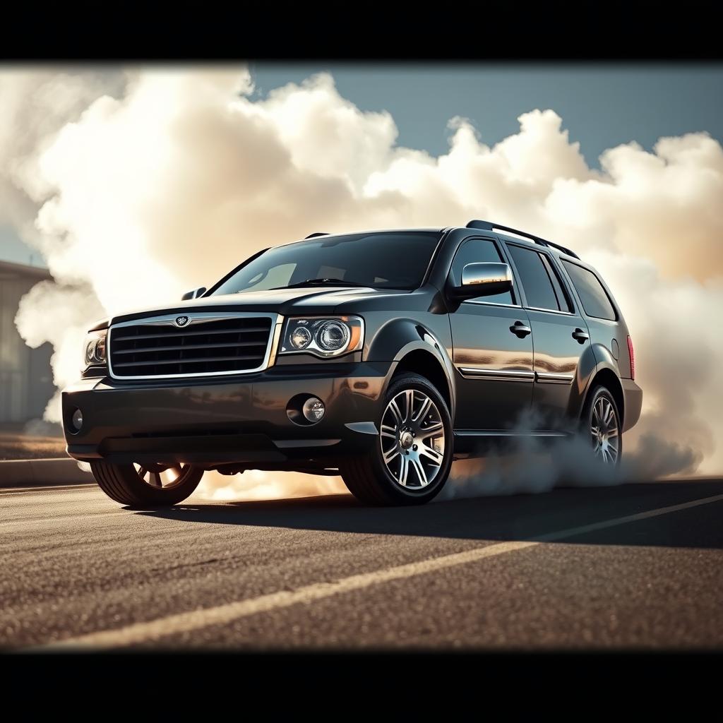 An intense and exhilarating image of a 2007 Chrysler Aspen SRT-8 performing a dramatic burnout on an empty street