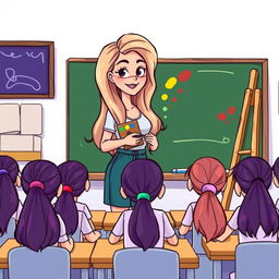 A cartoon-style illustration of a female teacher with very long, silky, and flowing loose hair standing beside a blackboard