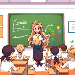 A cartoon-style illustration of a female teacher with very long, silky, and flowing loose hair standing beside a blackboard