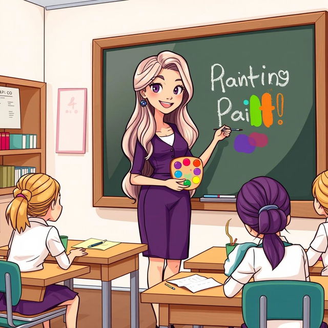 A cartoon-style illustration of a female teacher with very long, silky, and flowing loose hair standing beside a blackboard