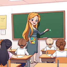 A cartoon-style illustration of a female teacher with very long, silky, and flowing loose hair standing beside a blackboard