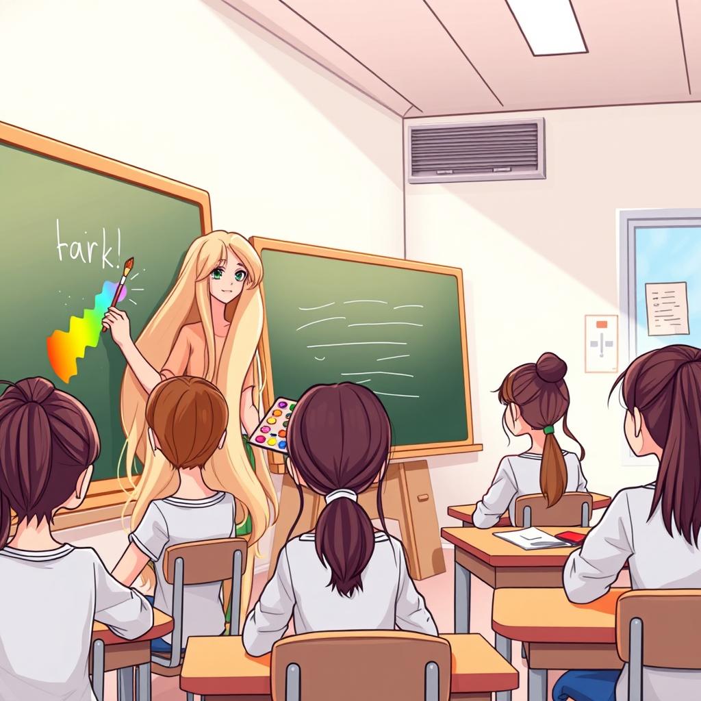 A cartoon scene depicting a beautiful teacher with very long, soft, and flowing hair that is not tied up