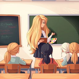 A cartoon scene depicting a beautiful teacher with very long, soft, and flowing hair that is not tied up