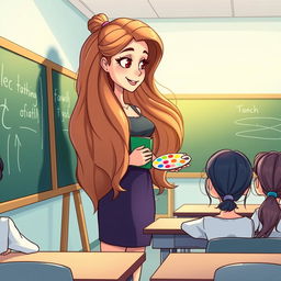 A cartoon scene depicting a beautiful teacher with very long, soft, and flowing hair that is not tied up