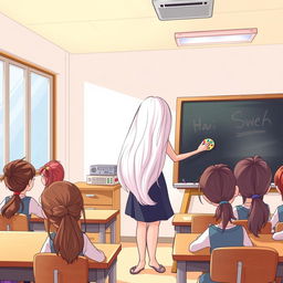 A cartoon scene depicting a beautiful teacher with very long, soft, and flowing hair that is not tied up