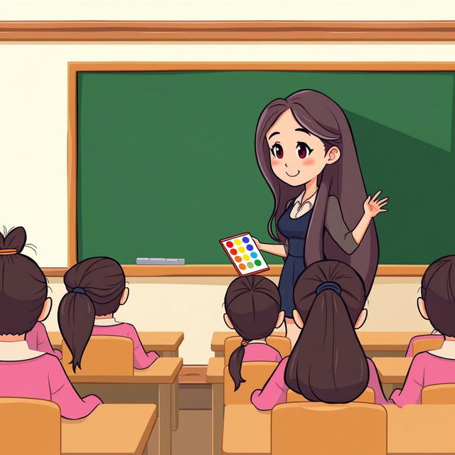 A cartoon image of a teacher with very long, smooth, flowing hair standing beside a blackboard