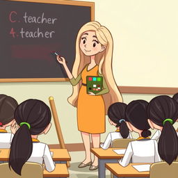 A cartoon image of a teacher with very long, smooth, flowing hair standing beside a blackboard