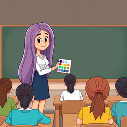 A cartoon image of a teacher with very long, smooth, flowing hair standing beside a blackboard