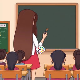 A cartoon image of a teacher with very long, smooth, flowing hair standing beside a blackboard