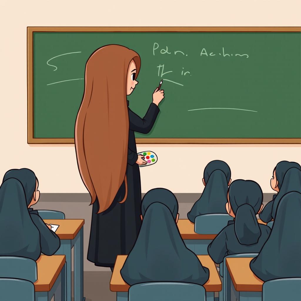 A cartoon image of a teacher with very long, smooth, flowing hair standing beside a blackboard