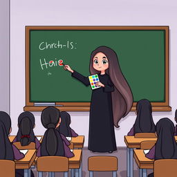 A cartoon image of a teacher with very long, smooth, flowing hair standing beside a blackboard